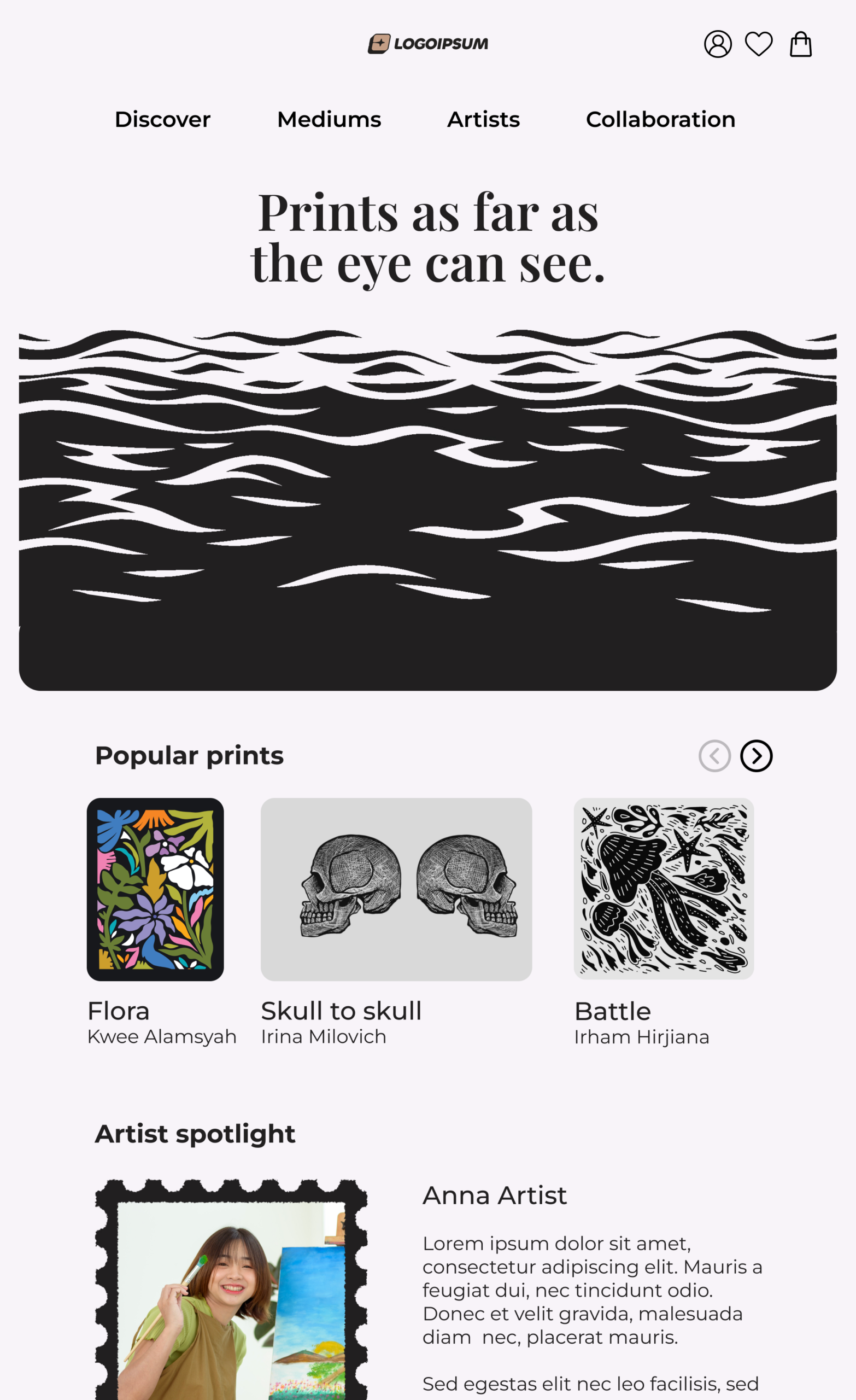 Mockup of a print shop's website. Displaying a few prints and an artist's spotlight.