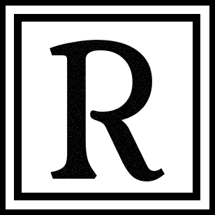A decorative letter R within a black square border.