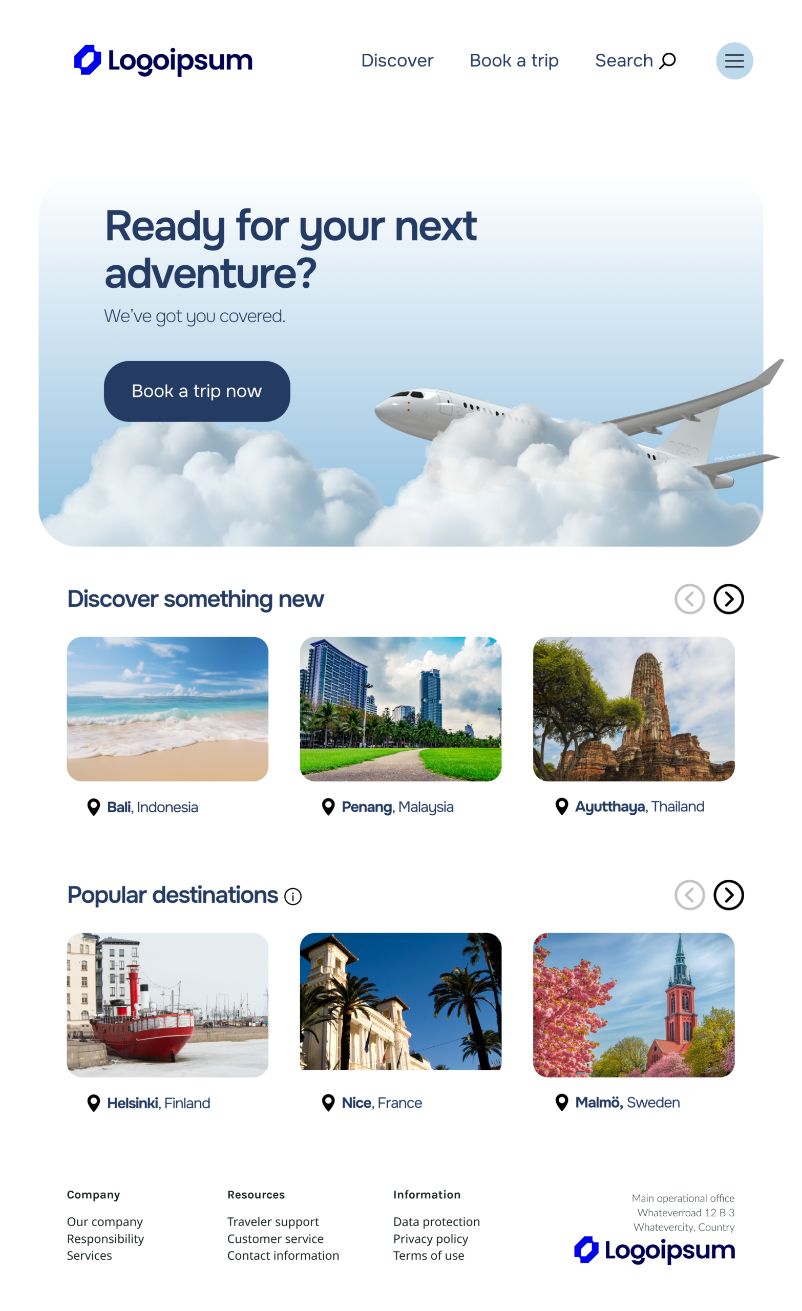 Mockup for a travel agency's website. Displaying a graphic of an airplane and showcasing multiple travel destinations.